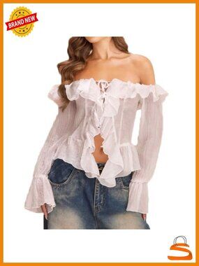 Off Shoulder Open Front Ruffle Trim Crop Blouse Y2K Bell Long Sleeve Sheer Top